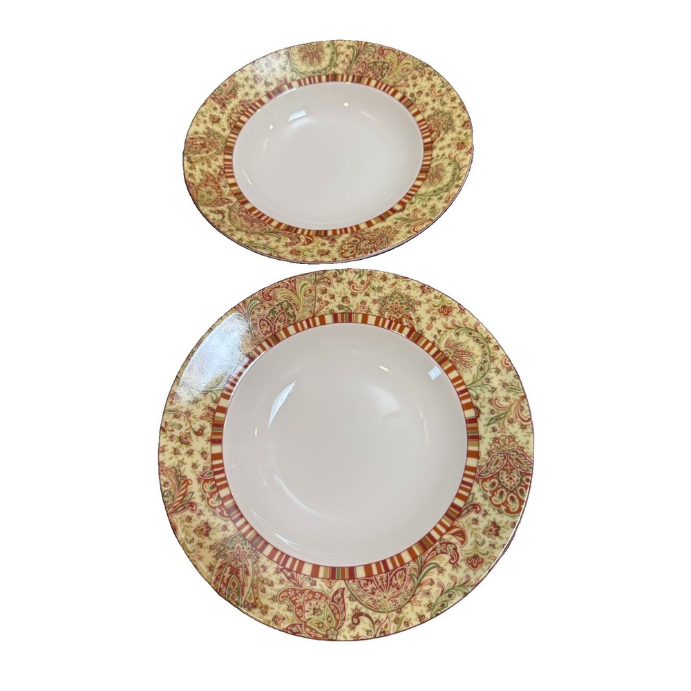 Set of 2 222 Fifth Maharana Soup Pasta Bowls 9.5" Paisley Floral Fine China